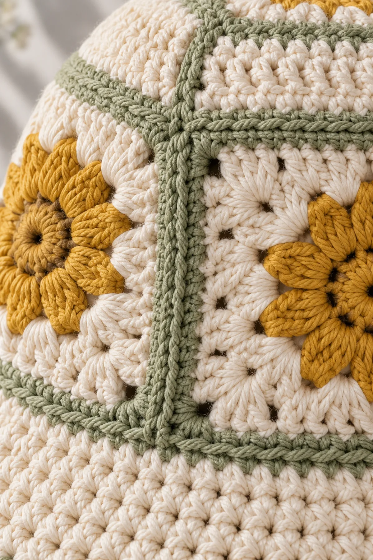 Close-up of flat slip-stitch joins between daisy granny squares