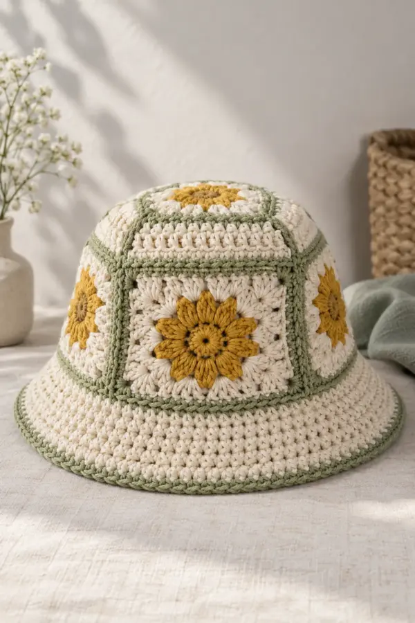 Finished cream crochet bucket hat with golden daisy granny squares and sage borders