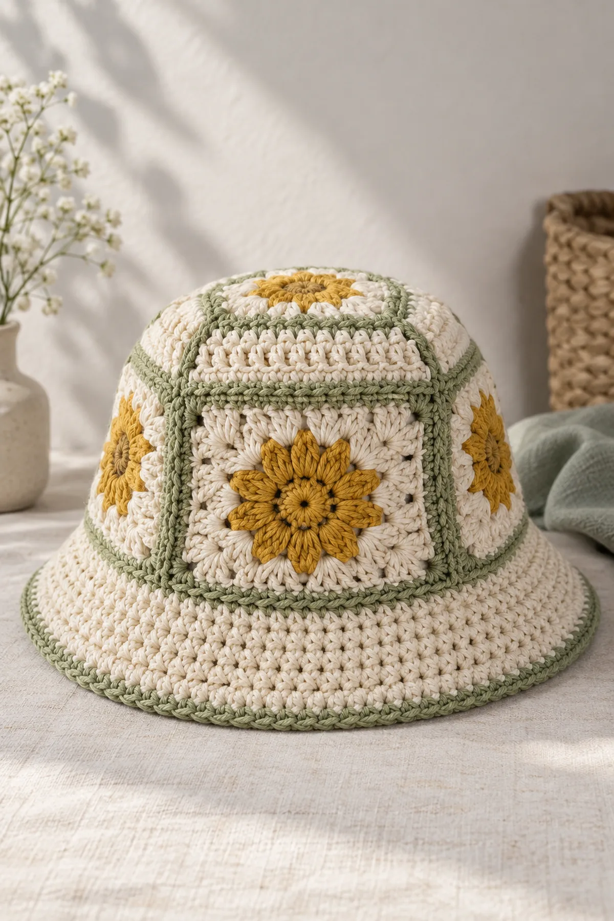 Finished cream crochet bucket hat with golden daisy granny squares and sage borders