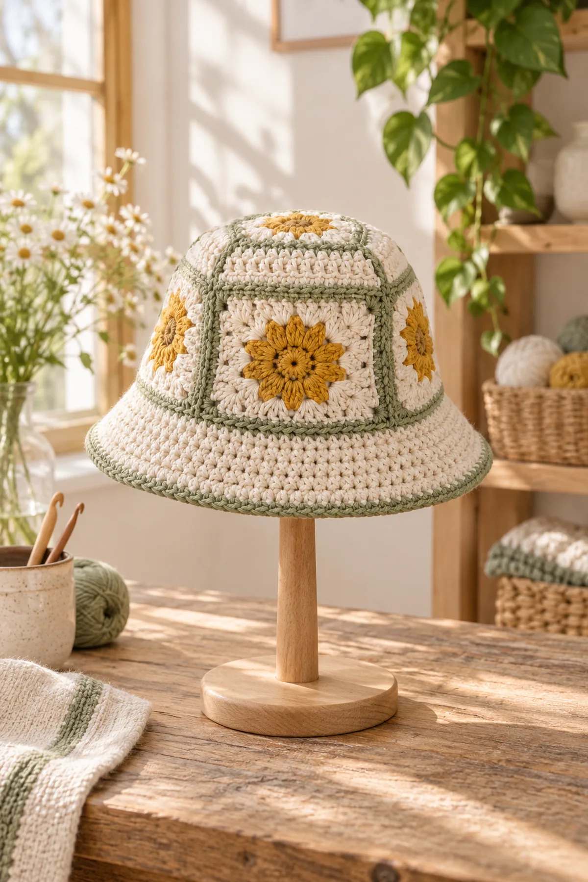 Finished daisy granny square bucket hat displayed on a wooden peg in soft daylight