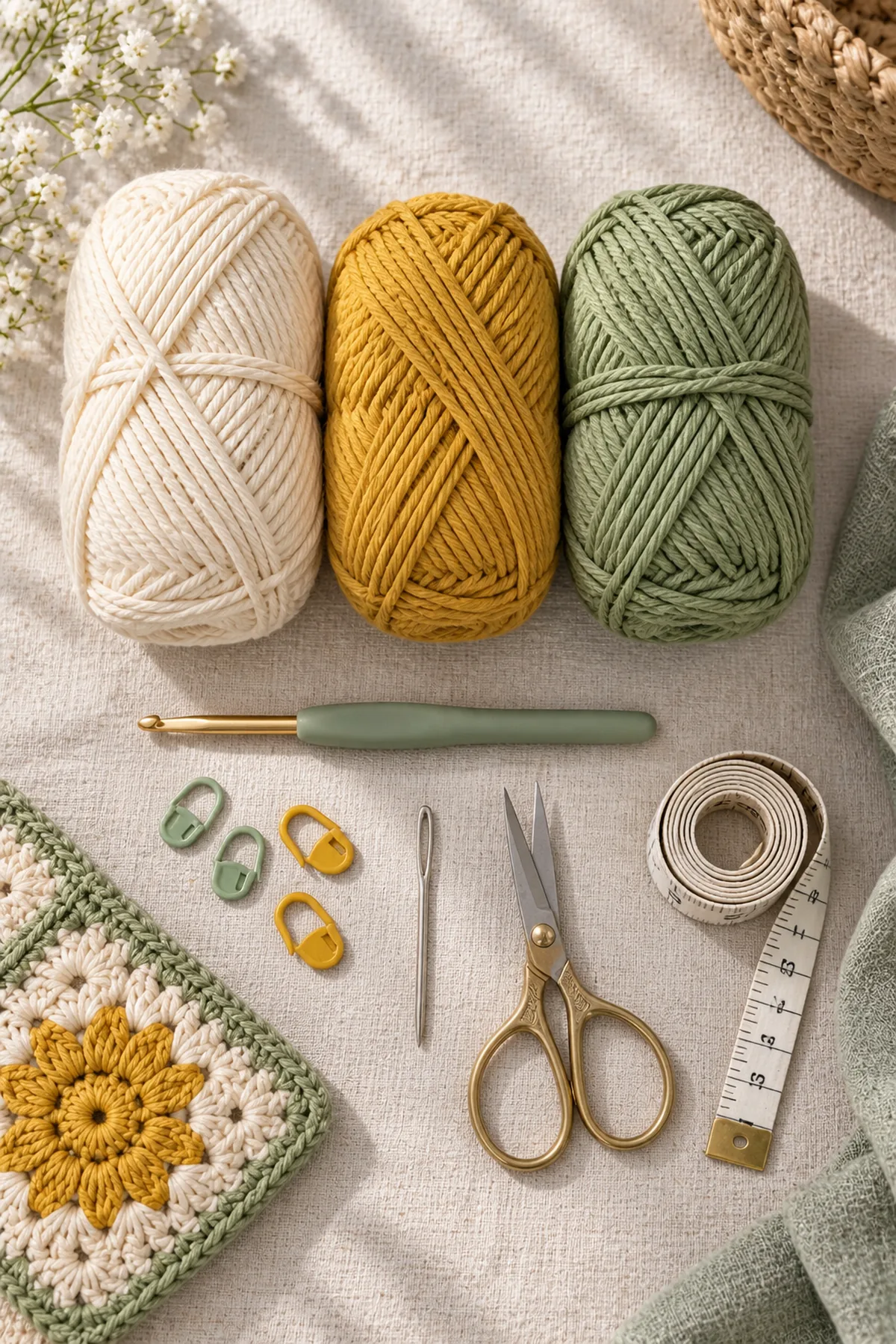 Cream, yellow, and sage cotton yarn with hook, markers, needle, tape measure, and scissors