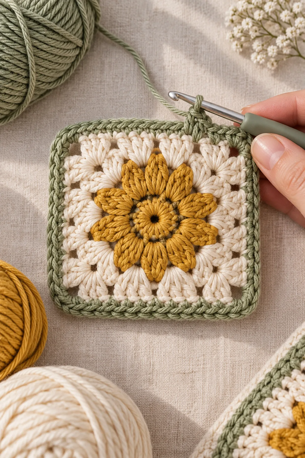 Golden and cream crochet daisy motif in progress beside a crochet hook
