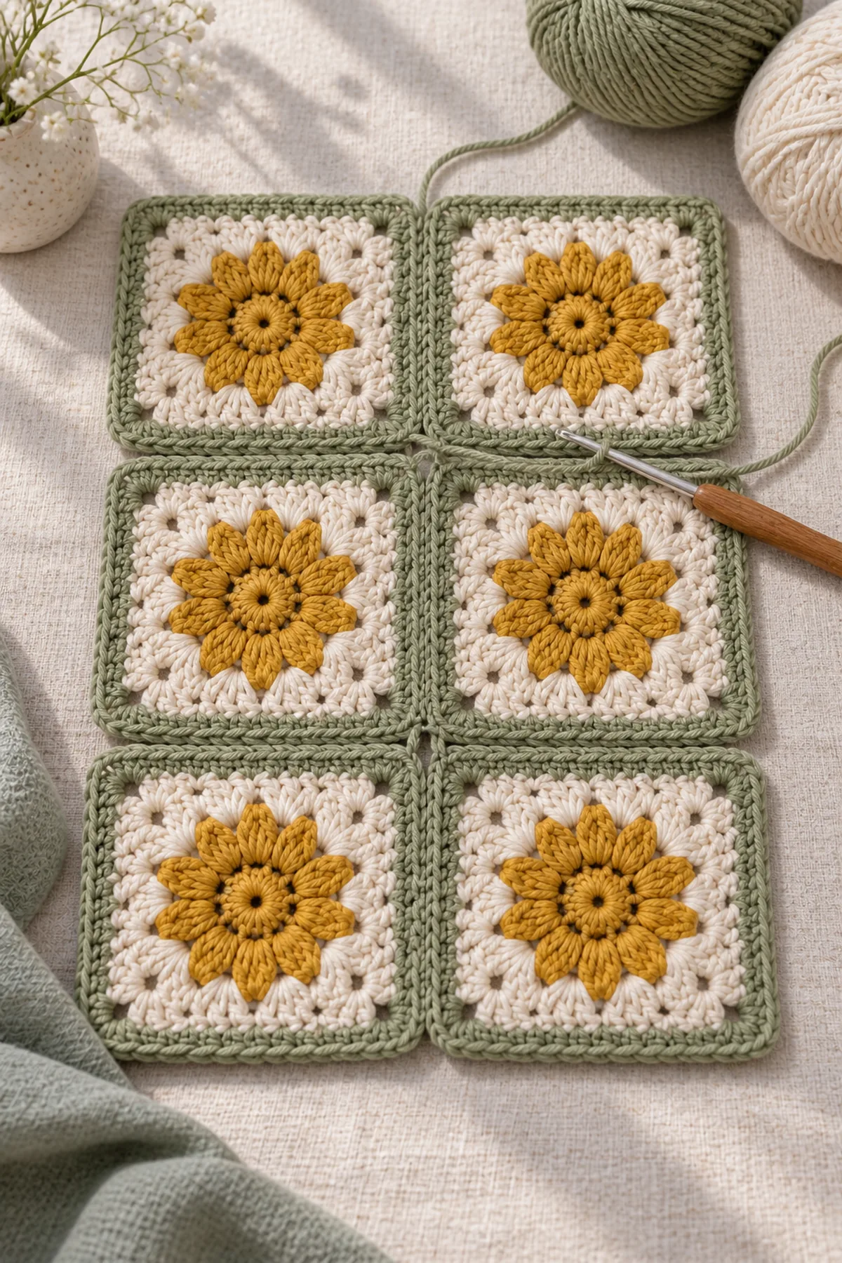 Six blocked daisy granny squares arranged for crochet bucket hat assembly