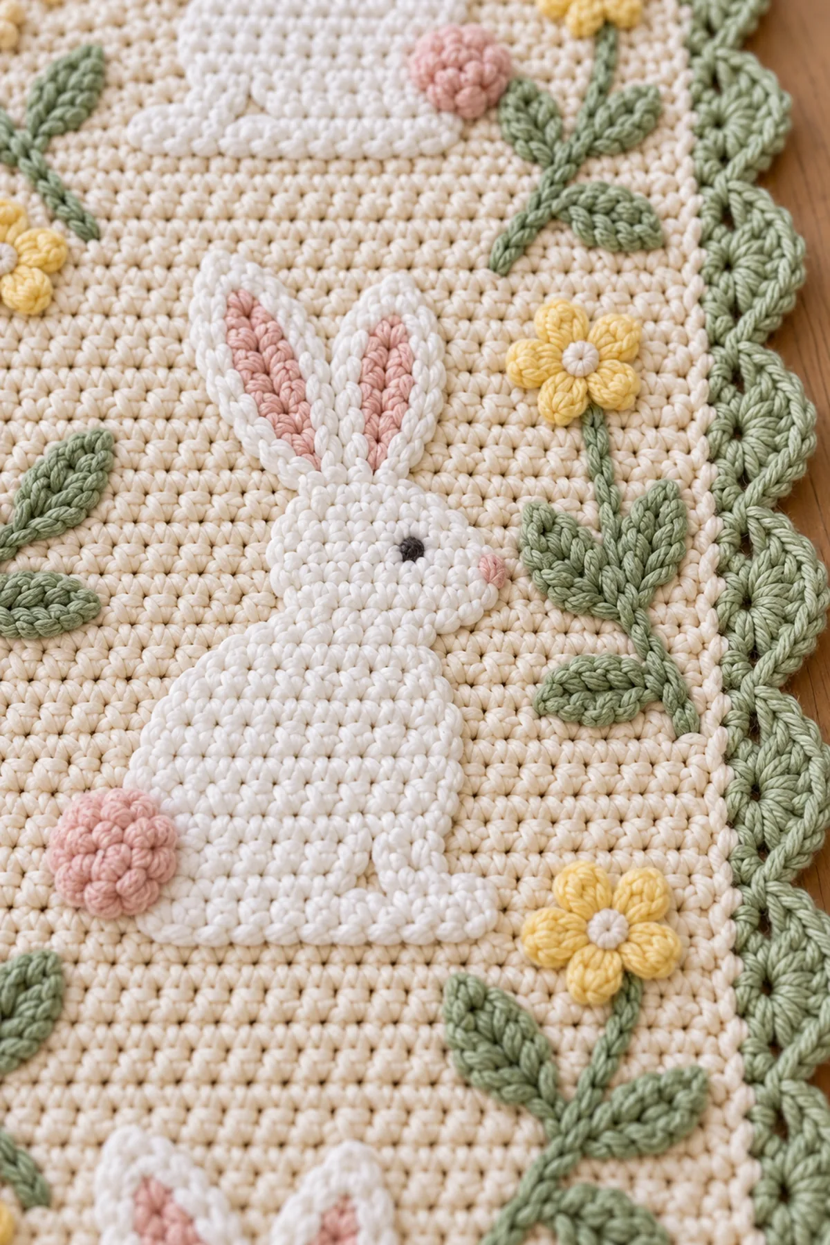 Close-up of stitch texture and finishing details on crochet easter bunny table runner