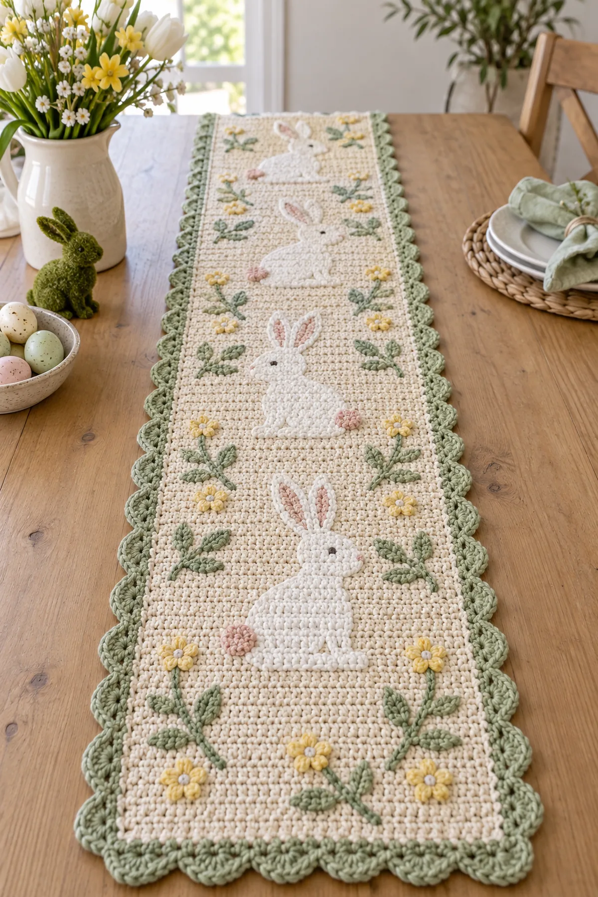 Finished crochet easter bunny table runner displayed with a clean handmade finish