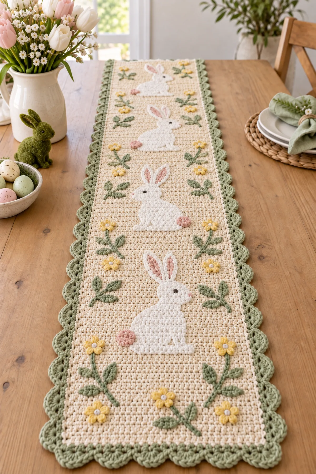 Finished crochet easter bunny table runner styled in a bright natural setting