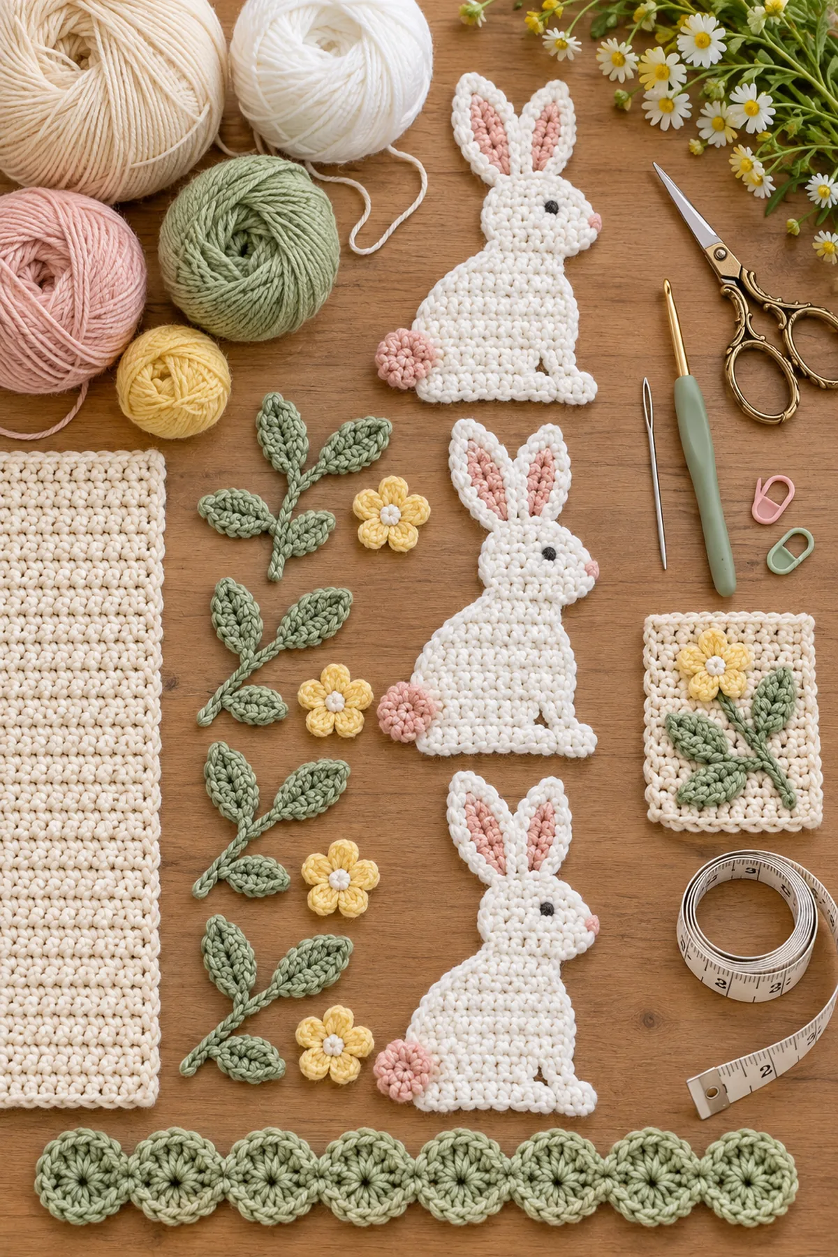 Materials for crochet easter bunny table runner including yarn, crochet hook, markers, needle, tape measure, and scissors