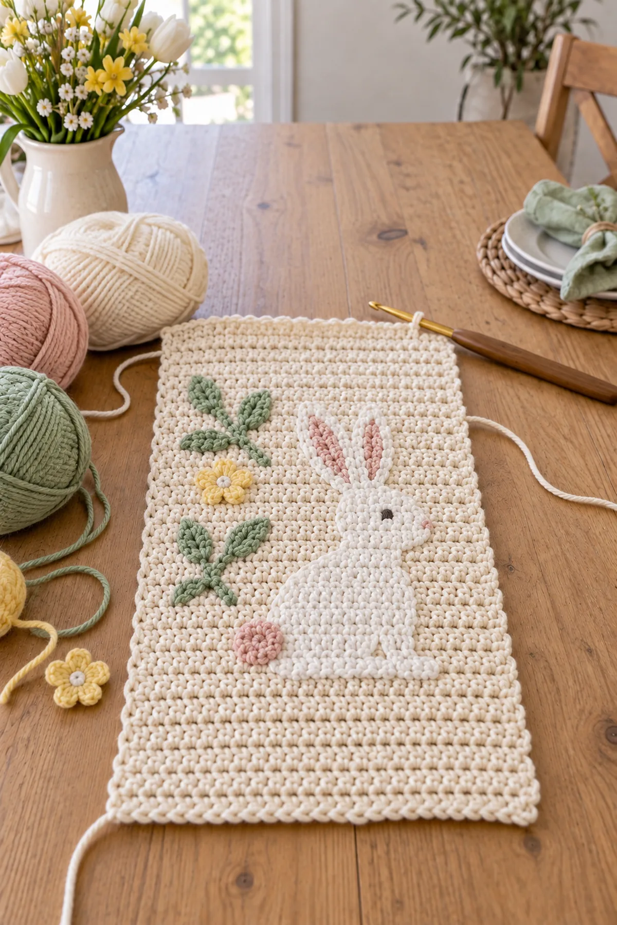 Early crochet construction stage for crochet easter bunny table runner with working yarn and hook