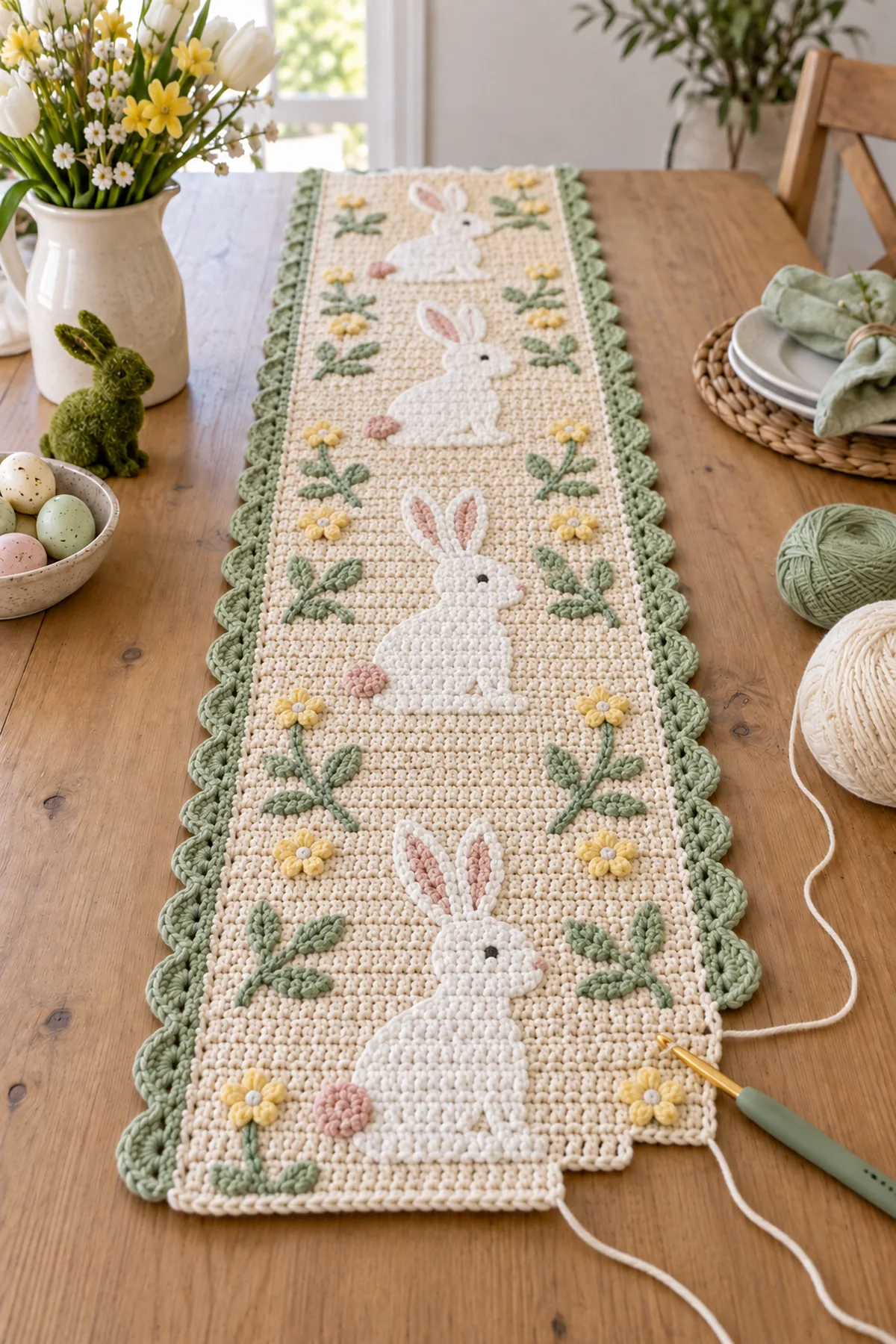 Mid-process crochet construction and shaping for crochet easter bunny table runner