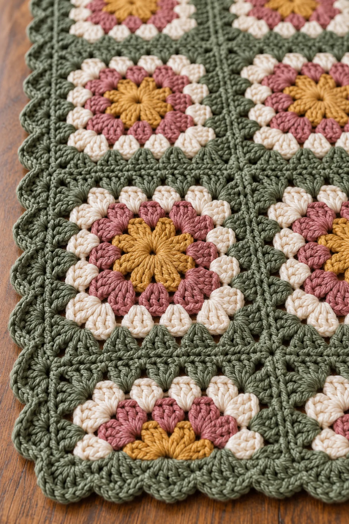 Close-up of stitch texture and finishing details on crochet granny square patchwork table runner