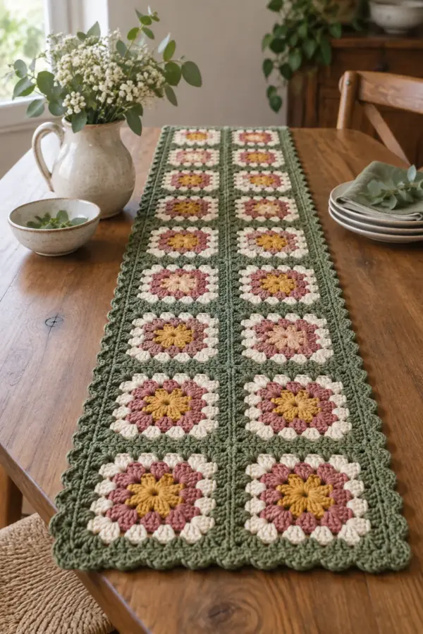 Finished crochet granny square patchwork table runner displayed with a clean handmade finish