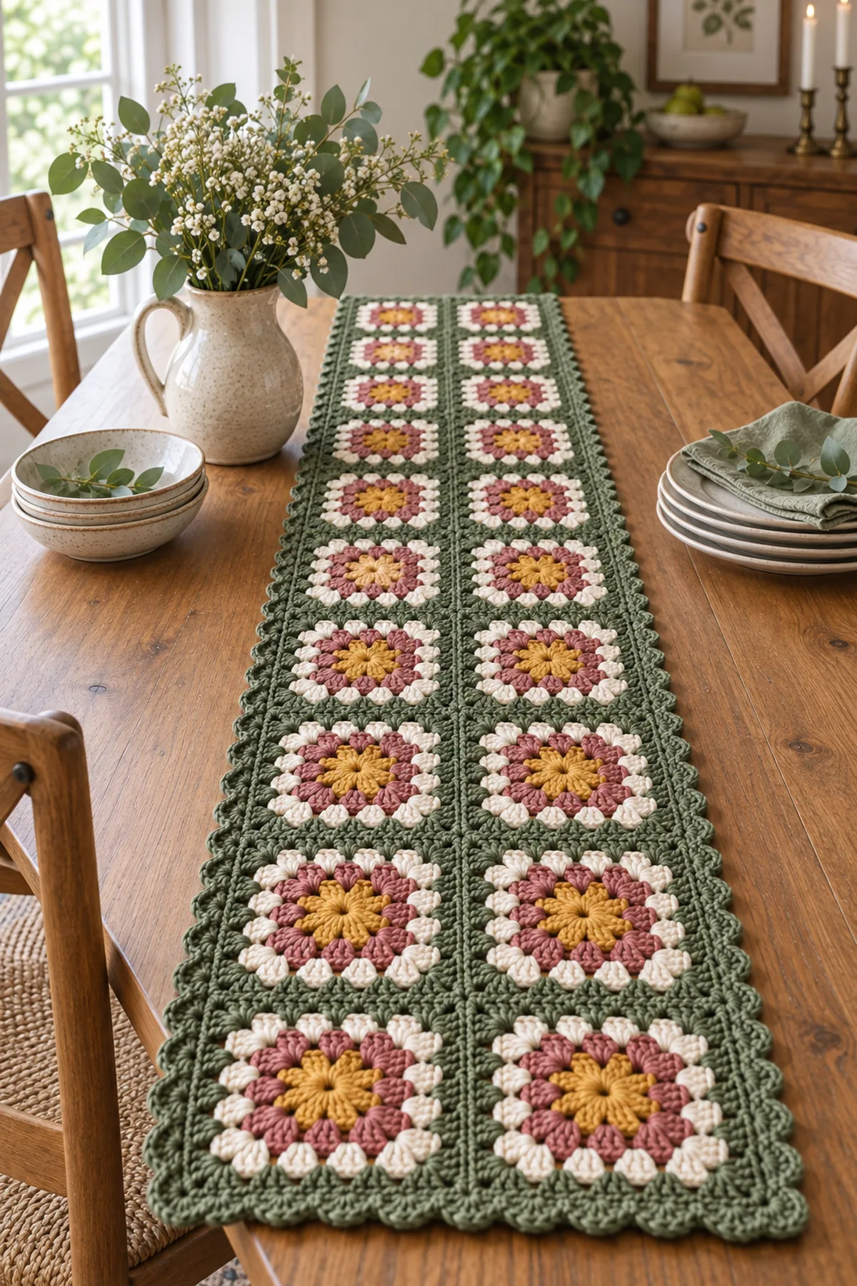 Finished crochet granny square patchwork table runner styled in a bright natural setting