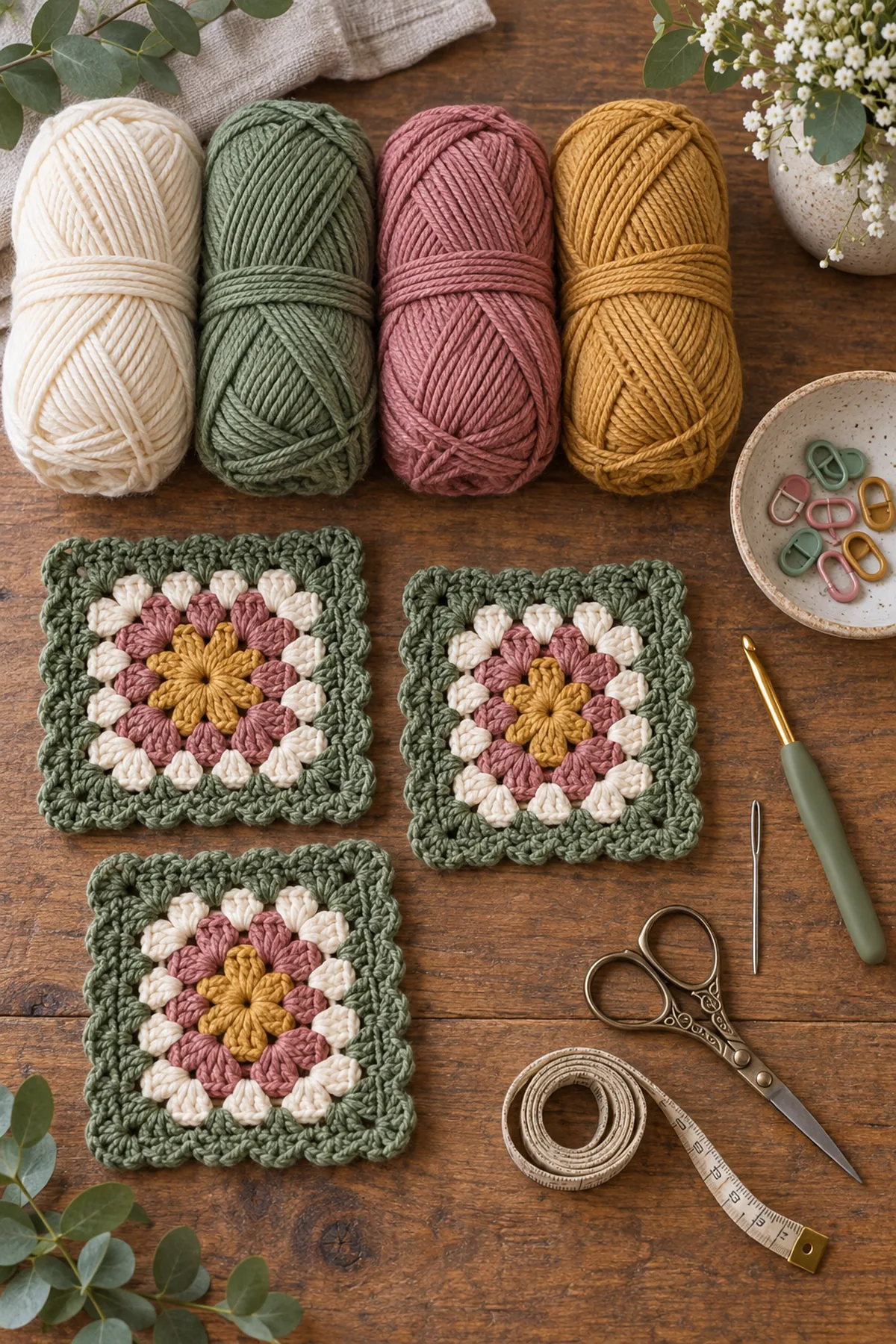 Materials for crochet granny square patchwork table runner including yarn, crochet hook, markers, needle, tape measure, and scissors