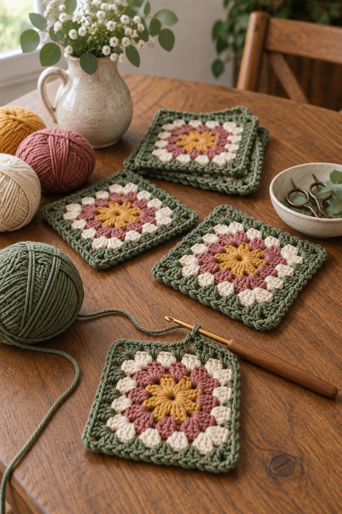 Early crochet construction stage for crochet granny square patchwork table runner with working yarn and hook