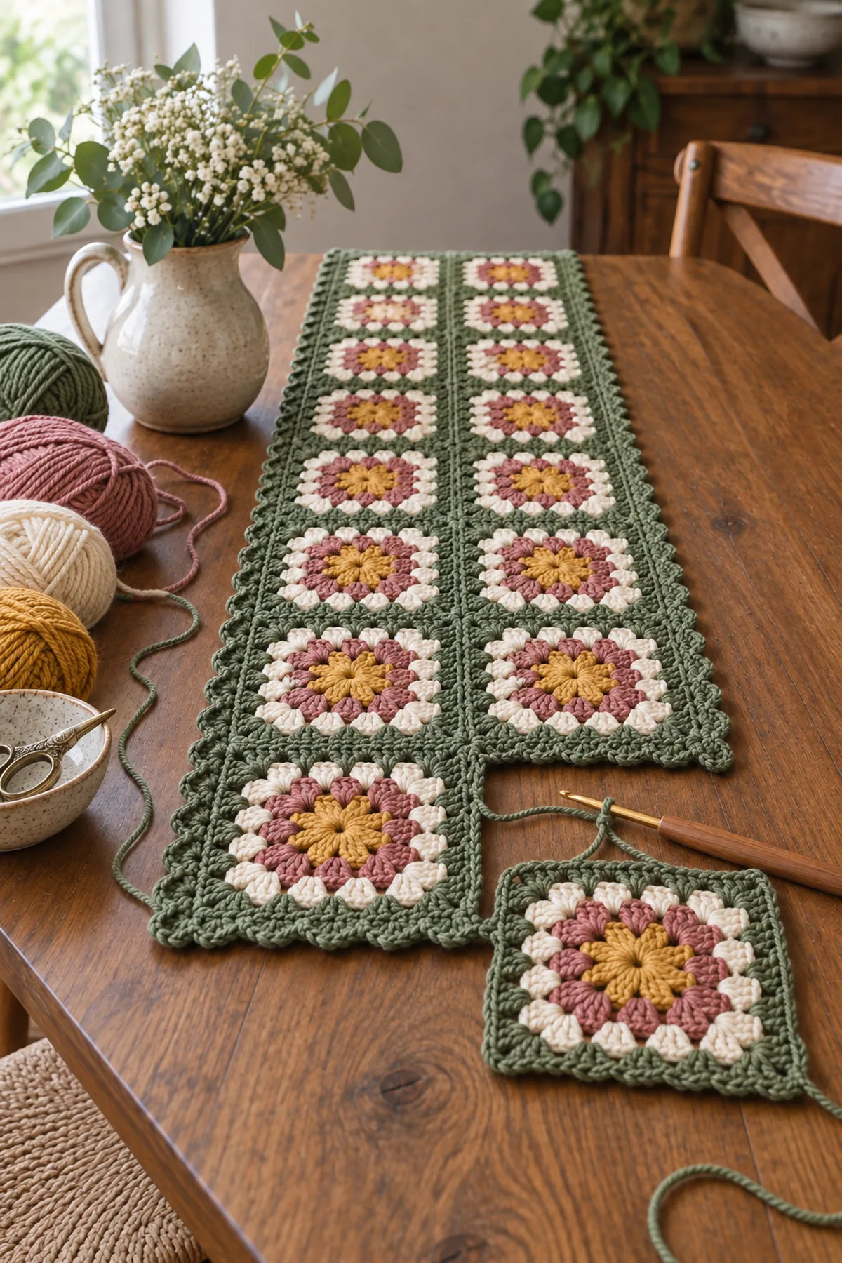 Mid-process crochet construction and shaping for crochet granny square patchwork table runner