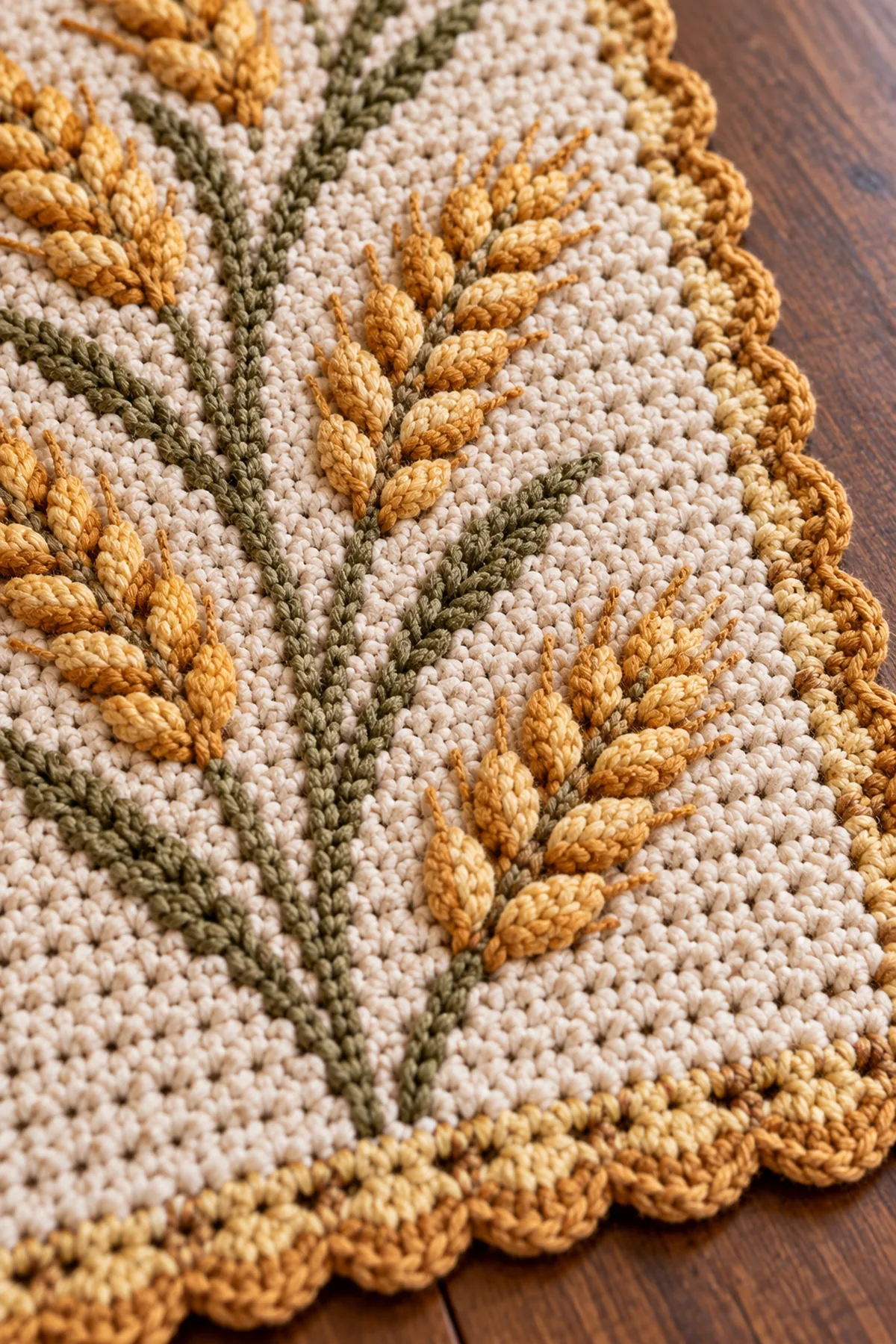 Close-up of stitch texture and finishing details on crochet harvest wheat table runner