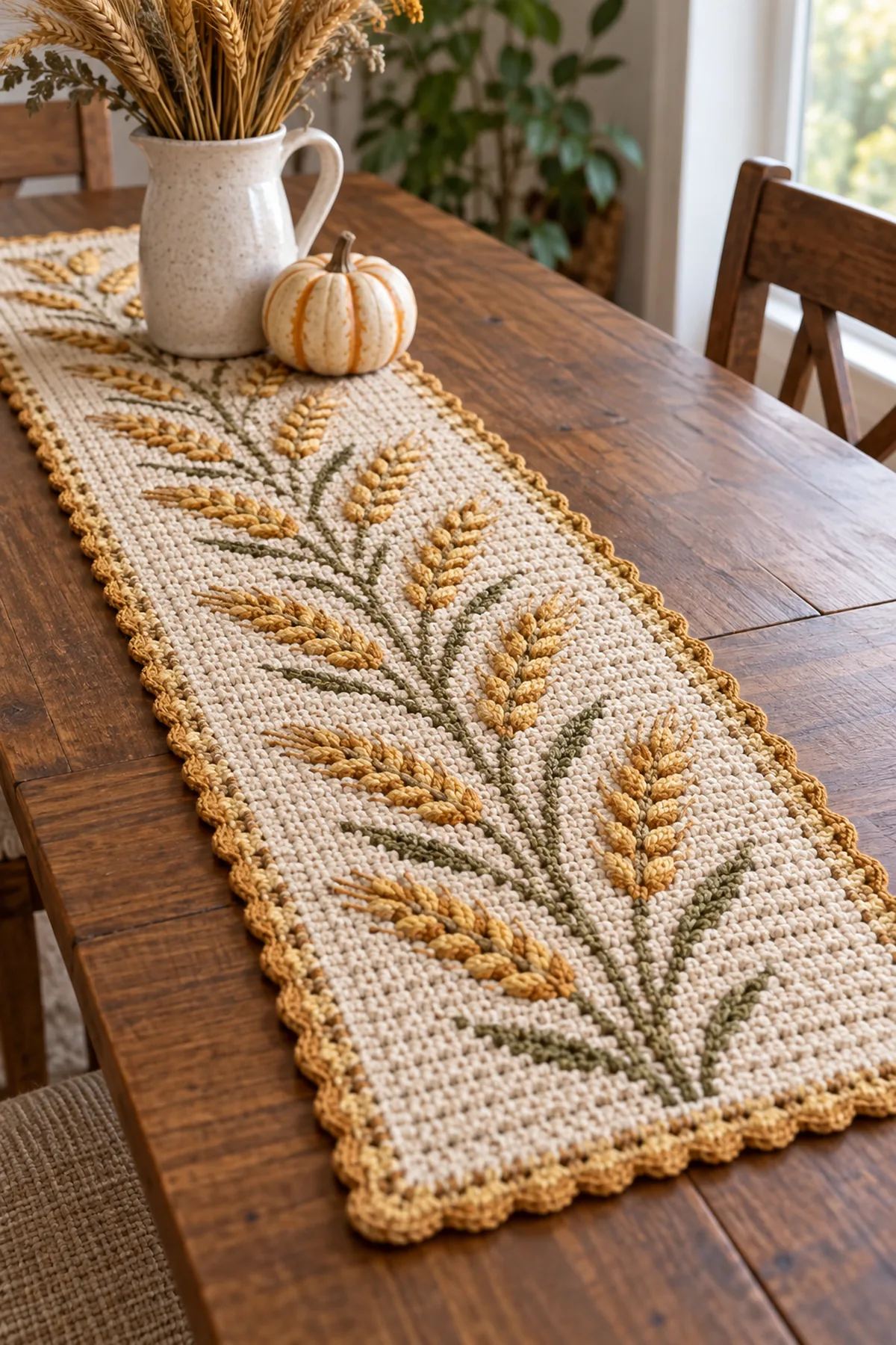 Finished crochet harvest wheat table runner displayed with a clean handmade finish