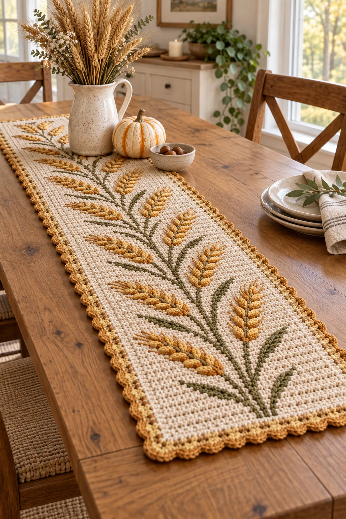Finished crochet harvest wheat table runner styled in a bright natural setting