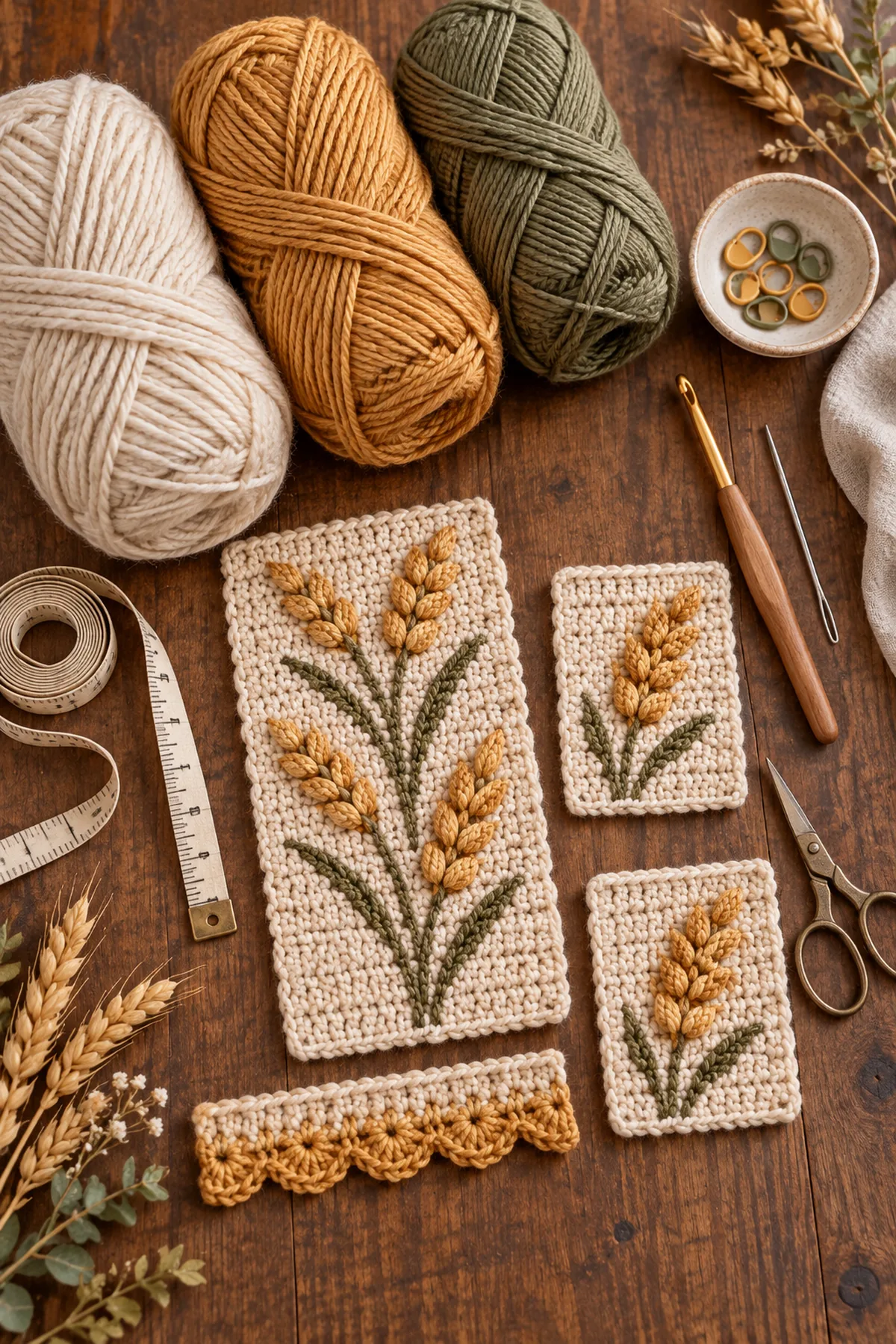 Materials for crochet harvest wheat table runner including yarn, crochet hook, markers, needle, tape measure, and scissors