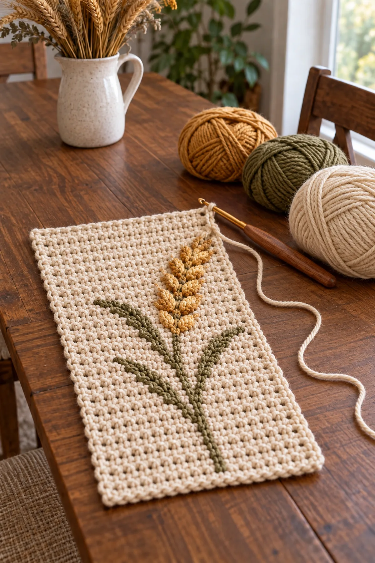 Early crochet construction stage for crochet harvest wheat table runner with working yarn and hook
