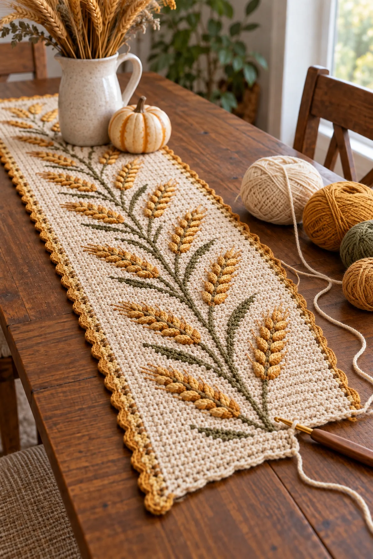 Mid-process crochet construction and shaping for crochet harvest wheat table runner