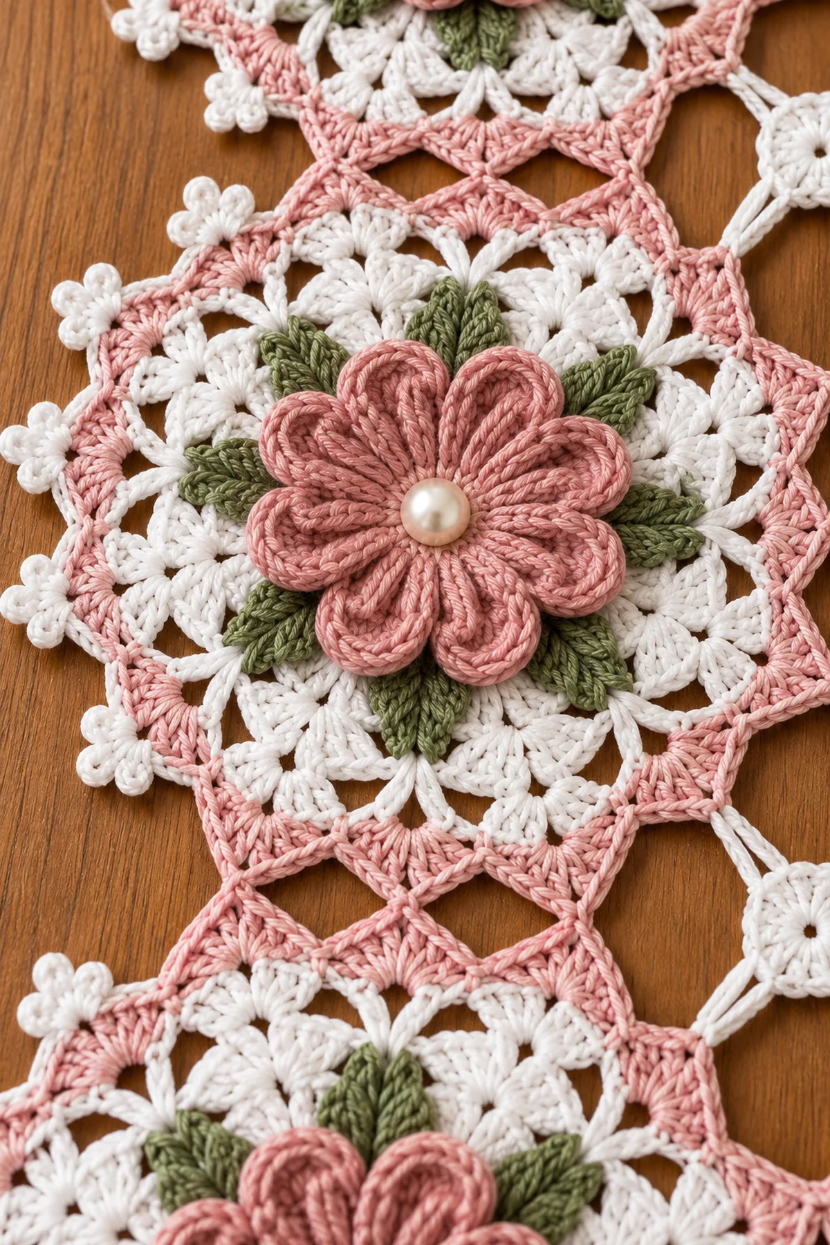 Close-up of raised dusty rose petals sage leaf stitches white lace picots blush bridges and diamond connector