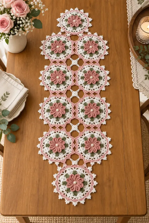 Finished white and dusty rose crochet lace medallion table runner with raised roses and diamond lattice joins