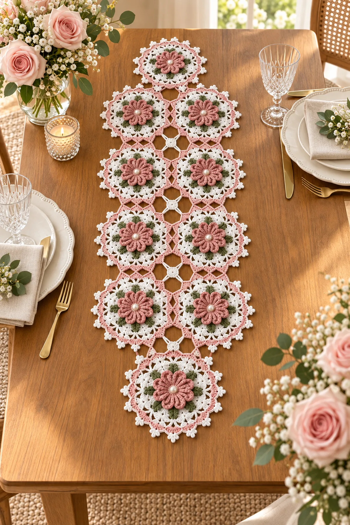 Crochet lace medallion rose table runner styled along a warm wooden dining table