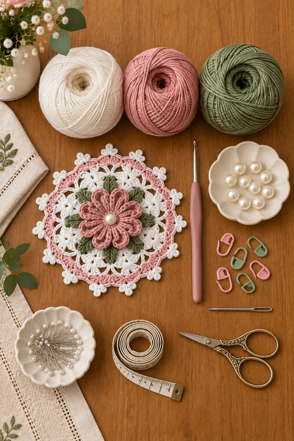 White dusty rose and sage cotton yarn with crochet hook pearl centers markers needle scissors and blocking tools