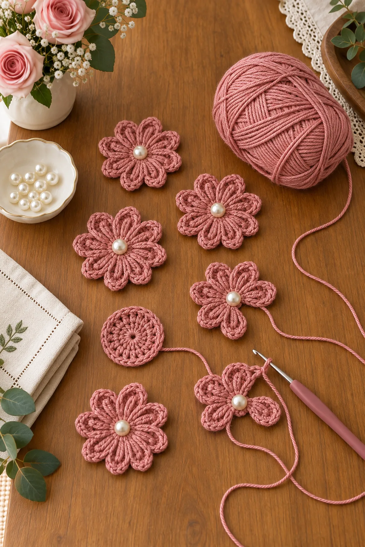 Dusty rose layered crochet flower centers with white pearl details in progress