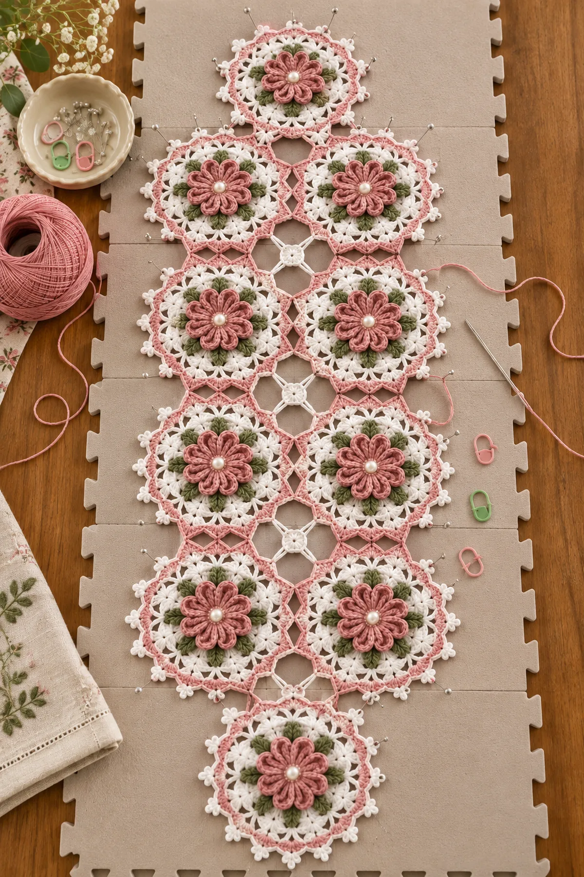 Ten blocked white lace medallions with rose centers arranged in a one two row layout before joining