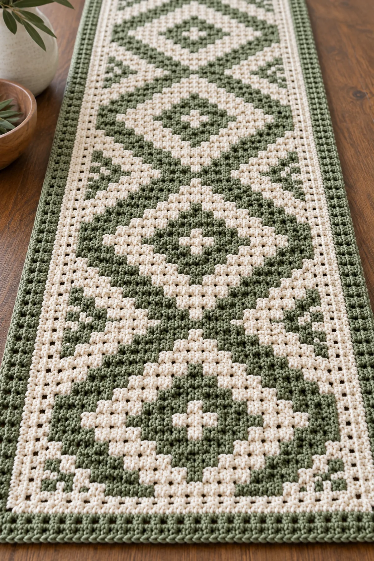 Close-up of stitch texture and finishing details on crochet mosaic diamond table runner