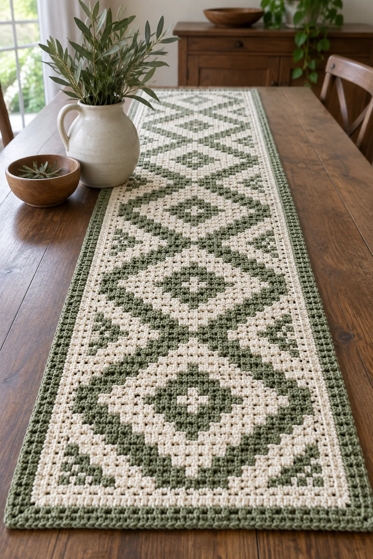 Finished crochet mosaic diamond table runner displayed with a clean handmade finish