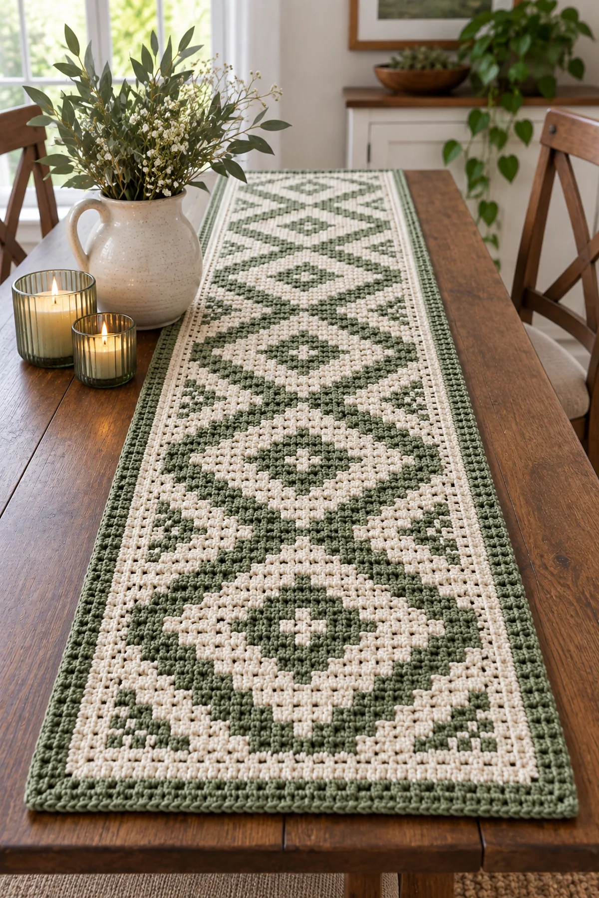 Finished crochet mosaic diamond table runner styled in a bright natural setting