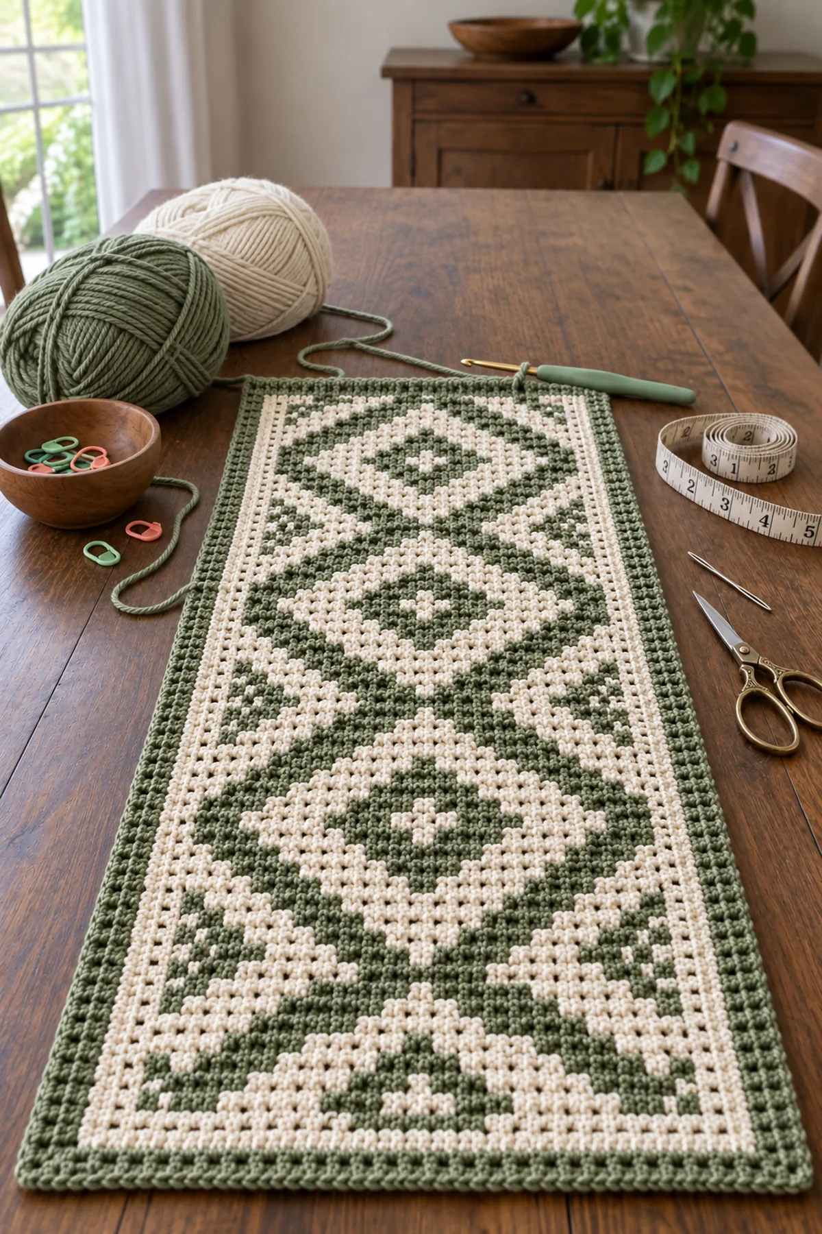 Materials for crochet mosaic diamond table runner including yarn, crochet hook, markers, needle, tape measure, and scissors
