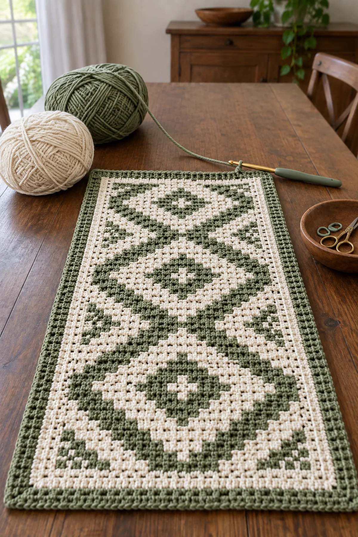Early crochet construction stage for crochet mosaic diamond table runner with working yarn and hook