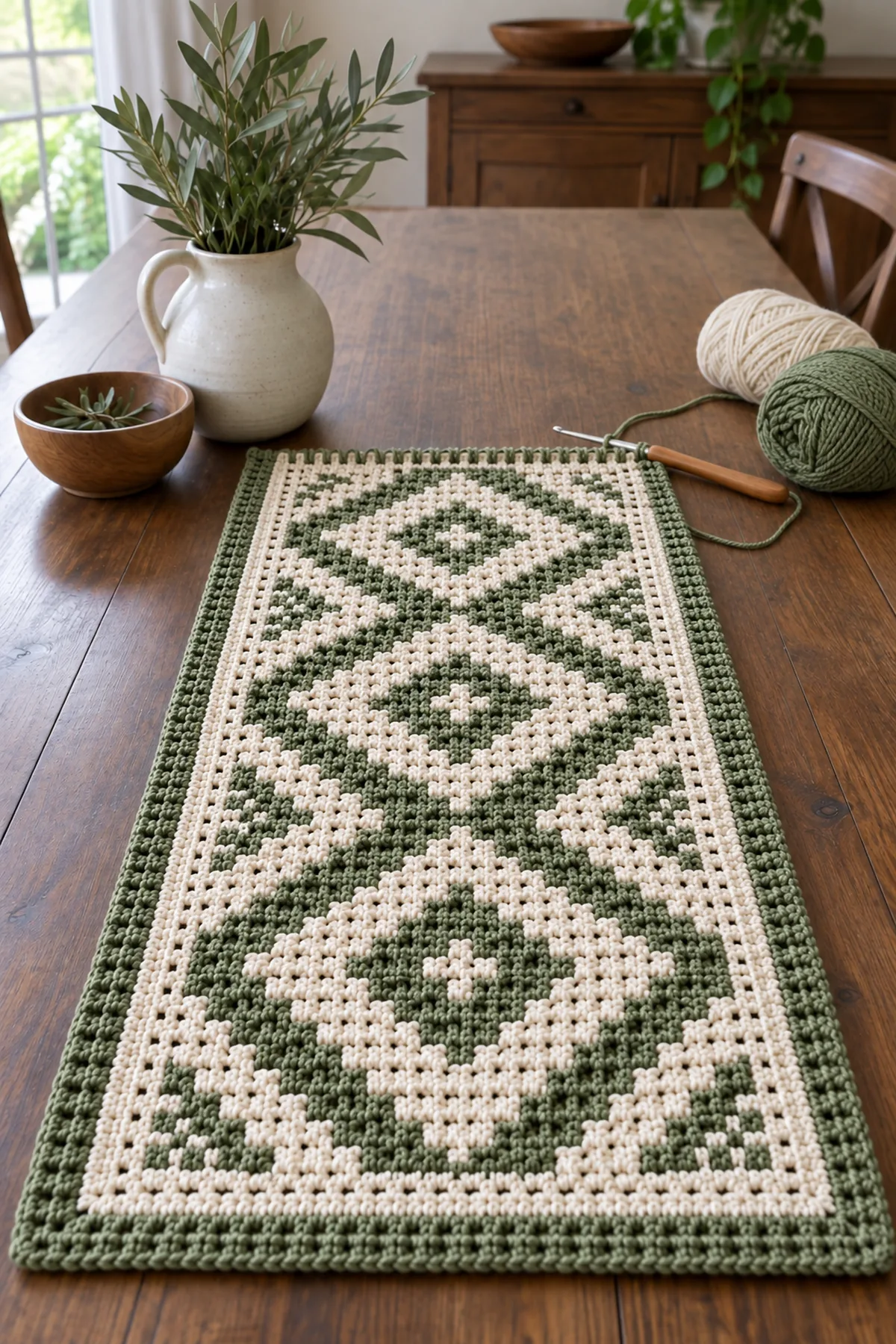 Mid-process crochet construction and shaping for crochet mosaic diamond table runner