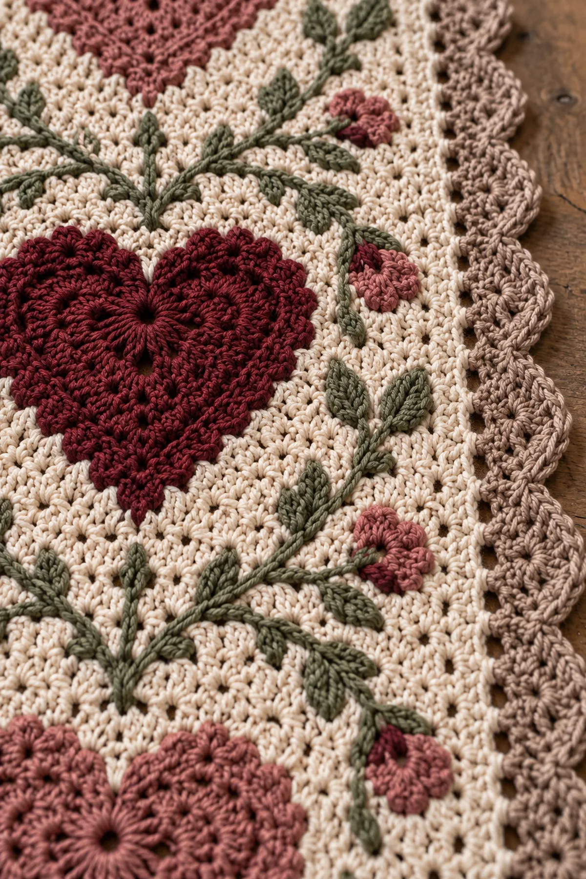 Close-up of stitch texture and finishing details on crochet rustic heart table runner