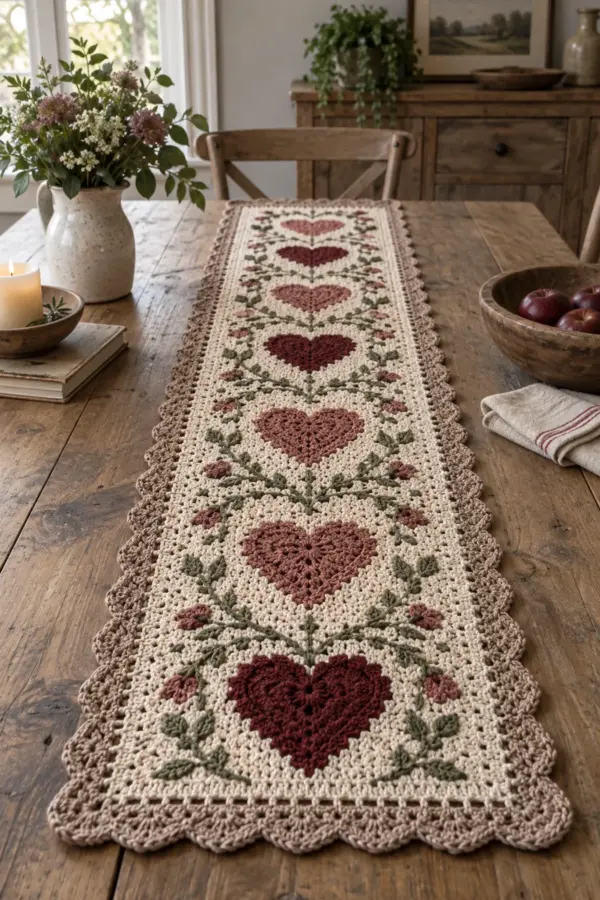 Finished crochet rustic heart table runner displayed with a clean handmade finish