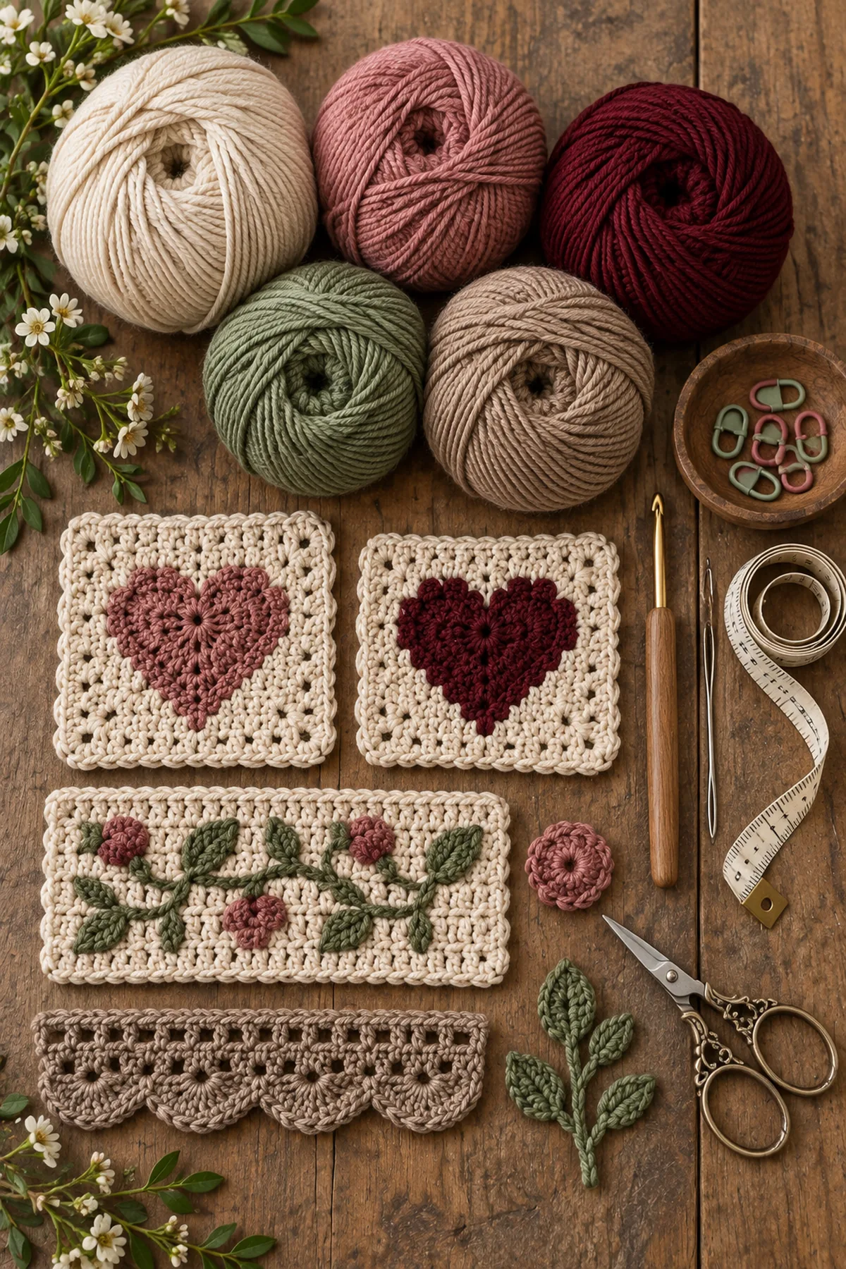 Materials for crochet rustic heart table runner including yarn, crochet hook, markers, needle, tape measure, and scissors
