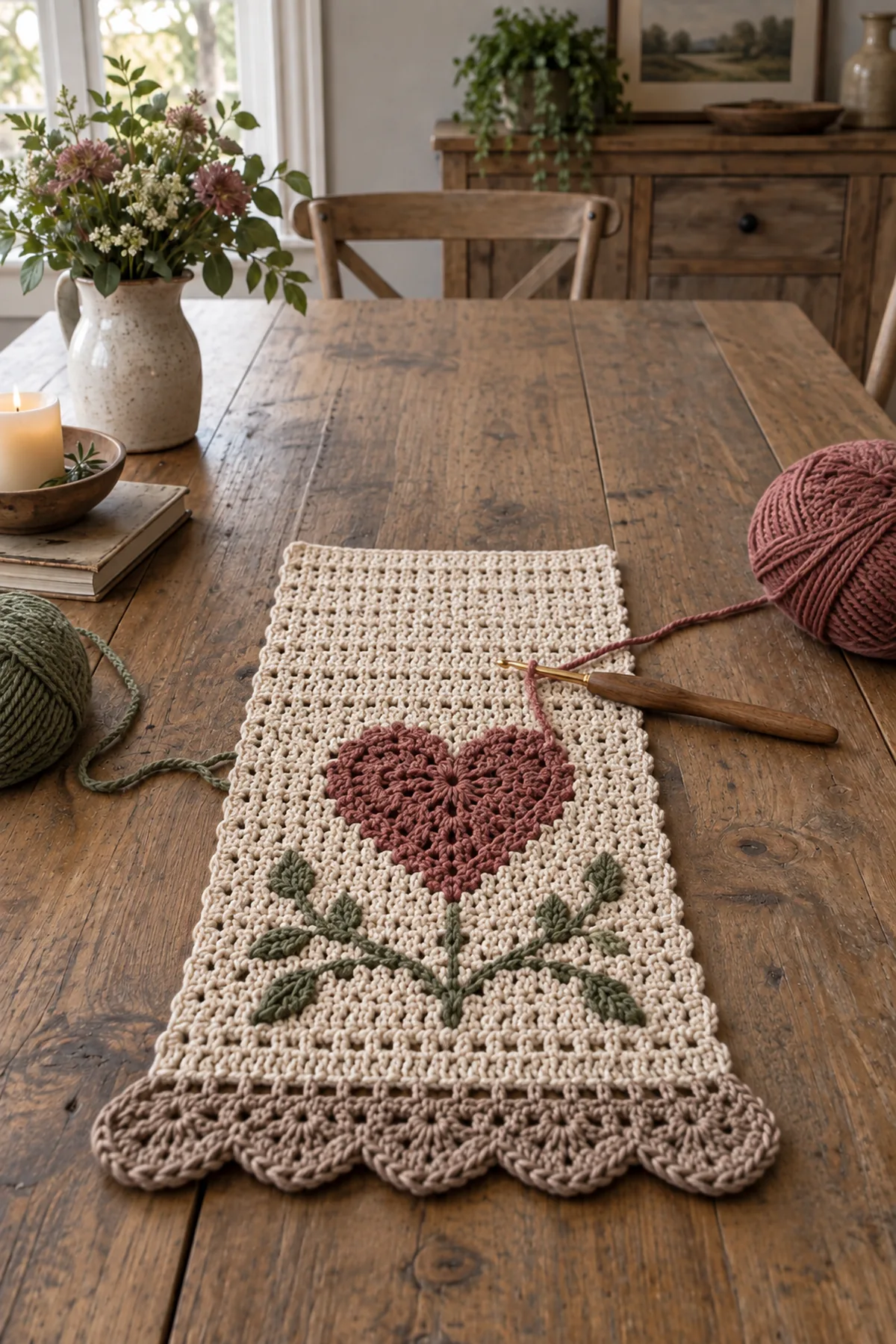 Early crochet construction stage for crochet rustic heart table runner with working yarn and hook