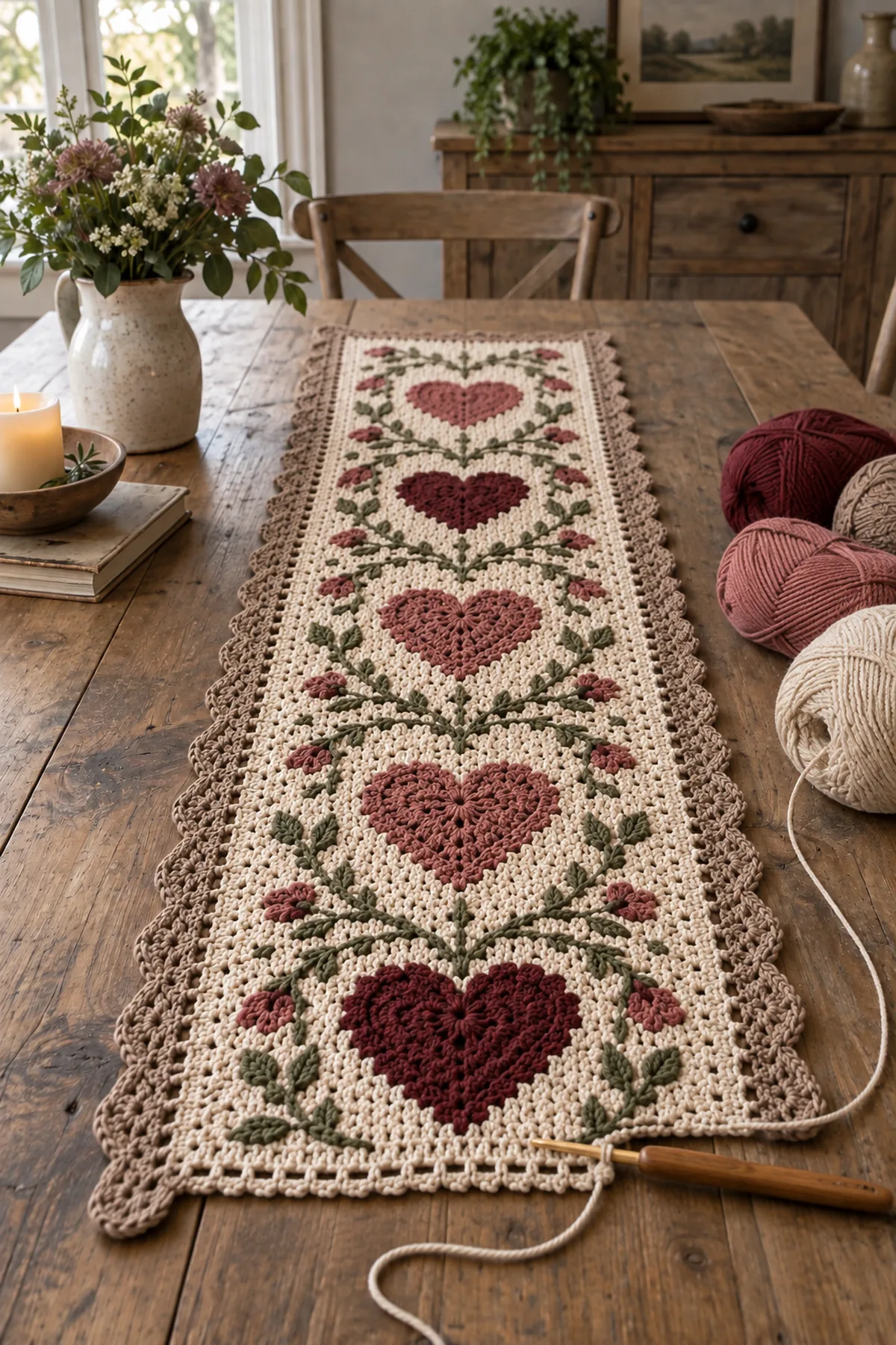 Mid-process crochet construction and shaping for crochet rustic heart table runner