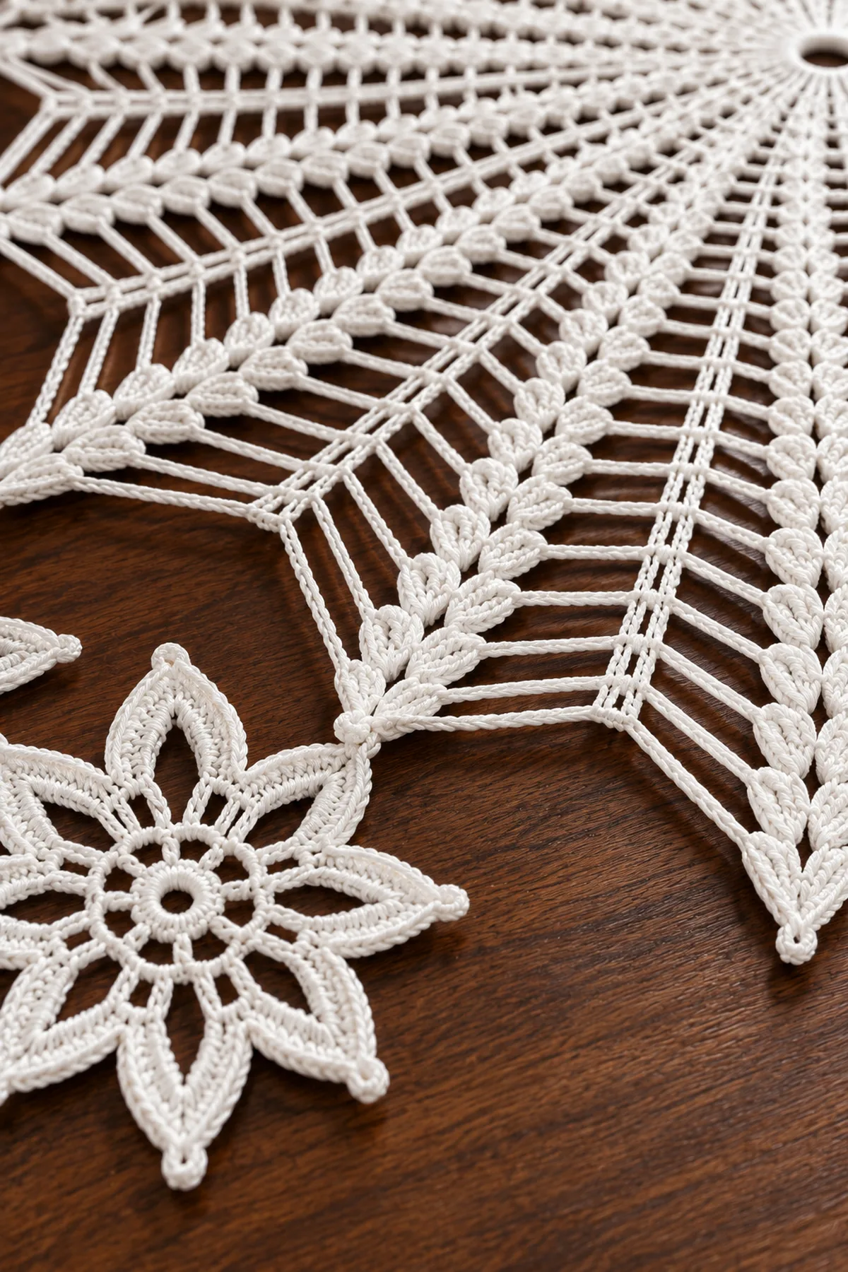 Close view of pointed starburst rays open ladder lace and an eight-point crochet flower join