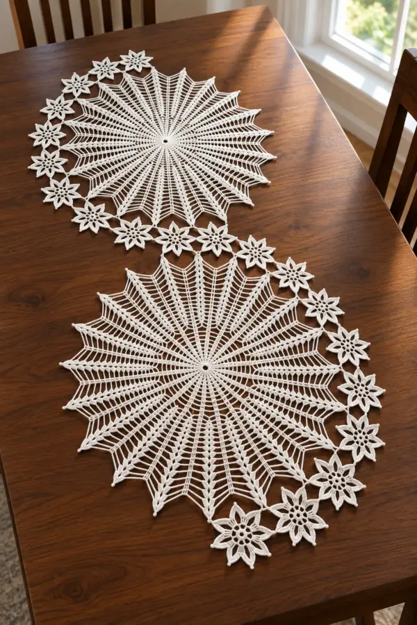 White crochet lace table runner with two large 24-ray starburst medallions and small eight-point flowers