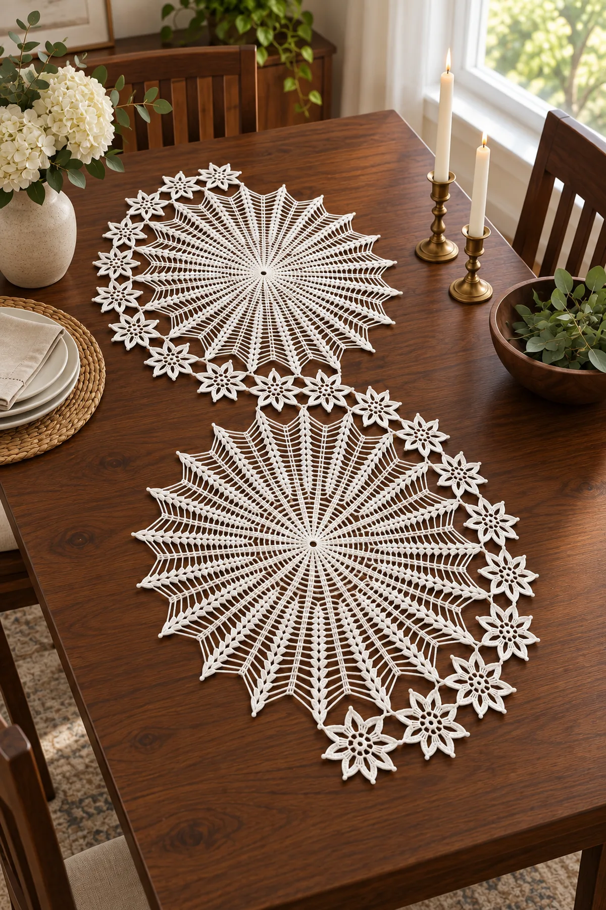 Finished white two-medallion starburst lace crochet table runner on a dark wooden dining table
