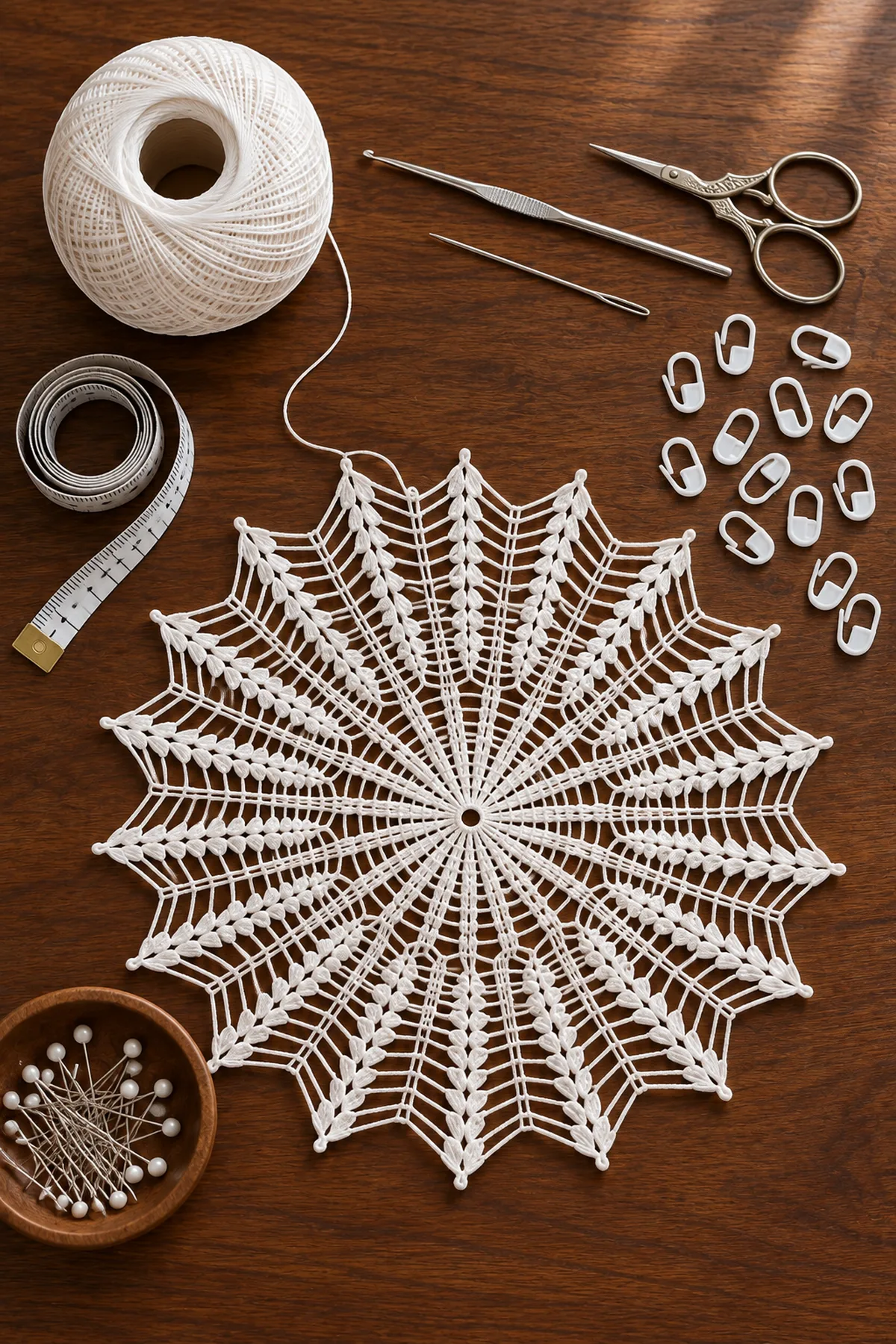 White size-10 crochet cotton steel hook markers and blocking pins for a starburst lace runner