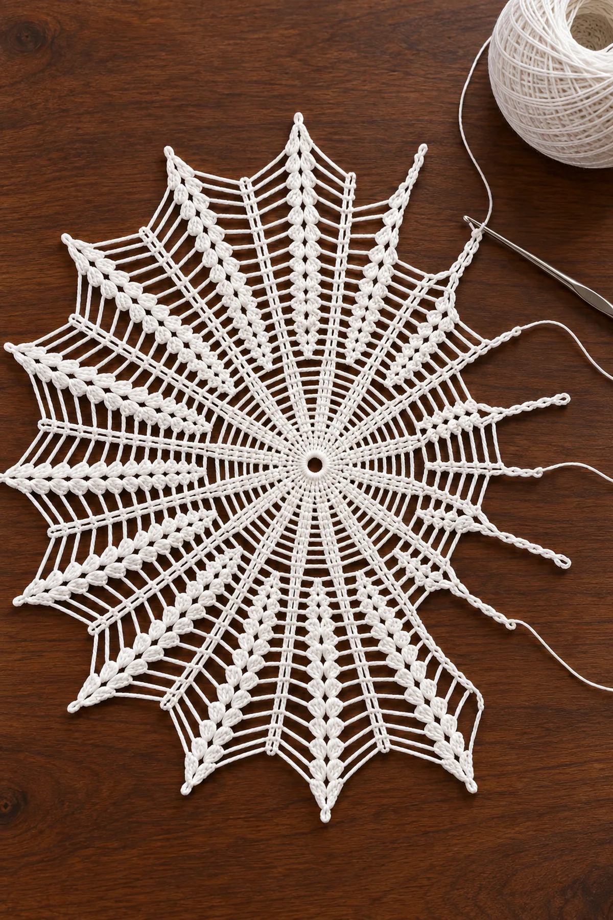 White crochet starburst center with counted radial ribs and open ladder rays in progress