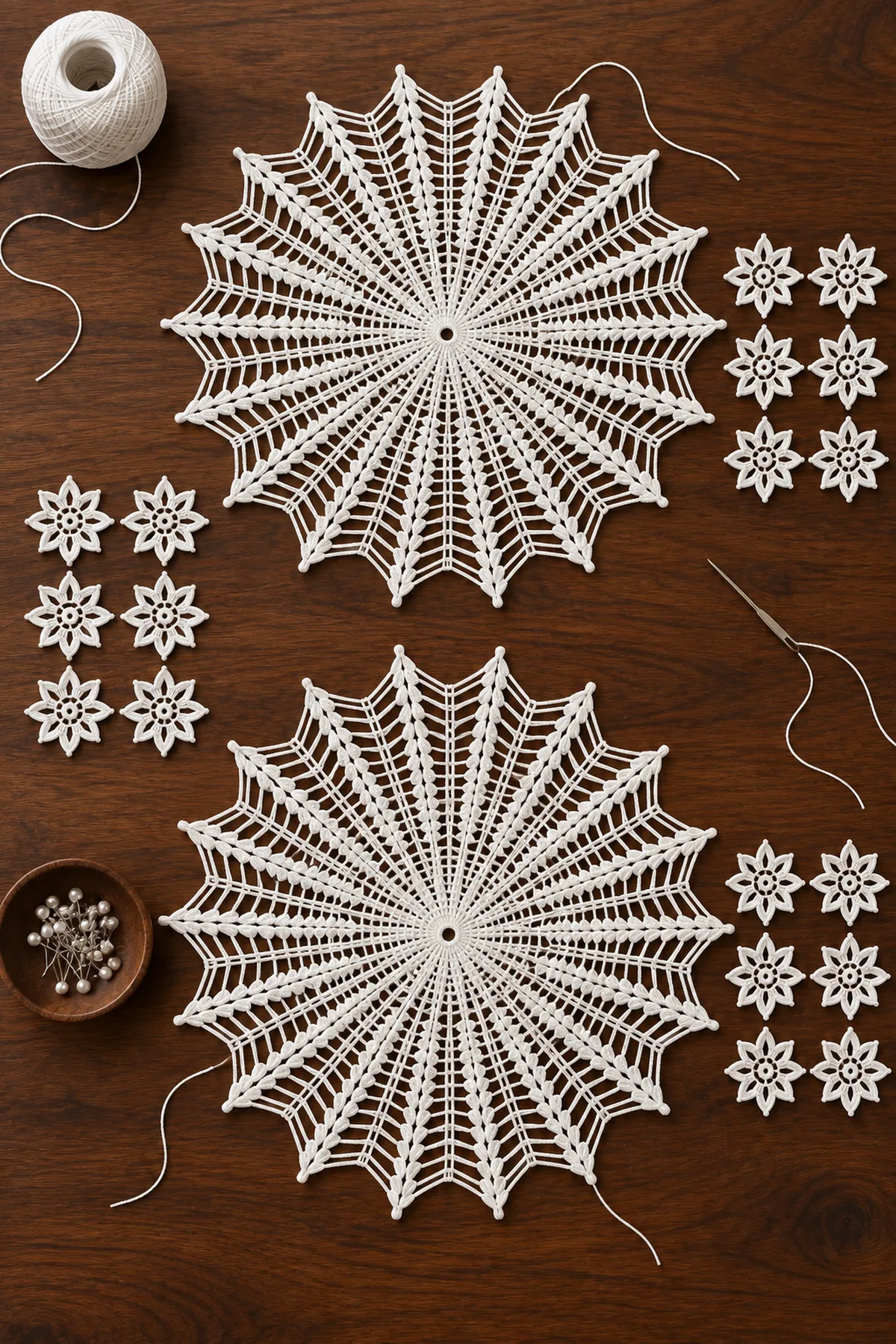 Two blocked white 24-ray starburst medallions with eighteen small flower motifs arranged for joining
