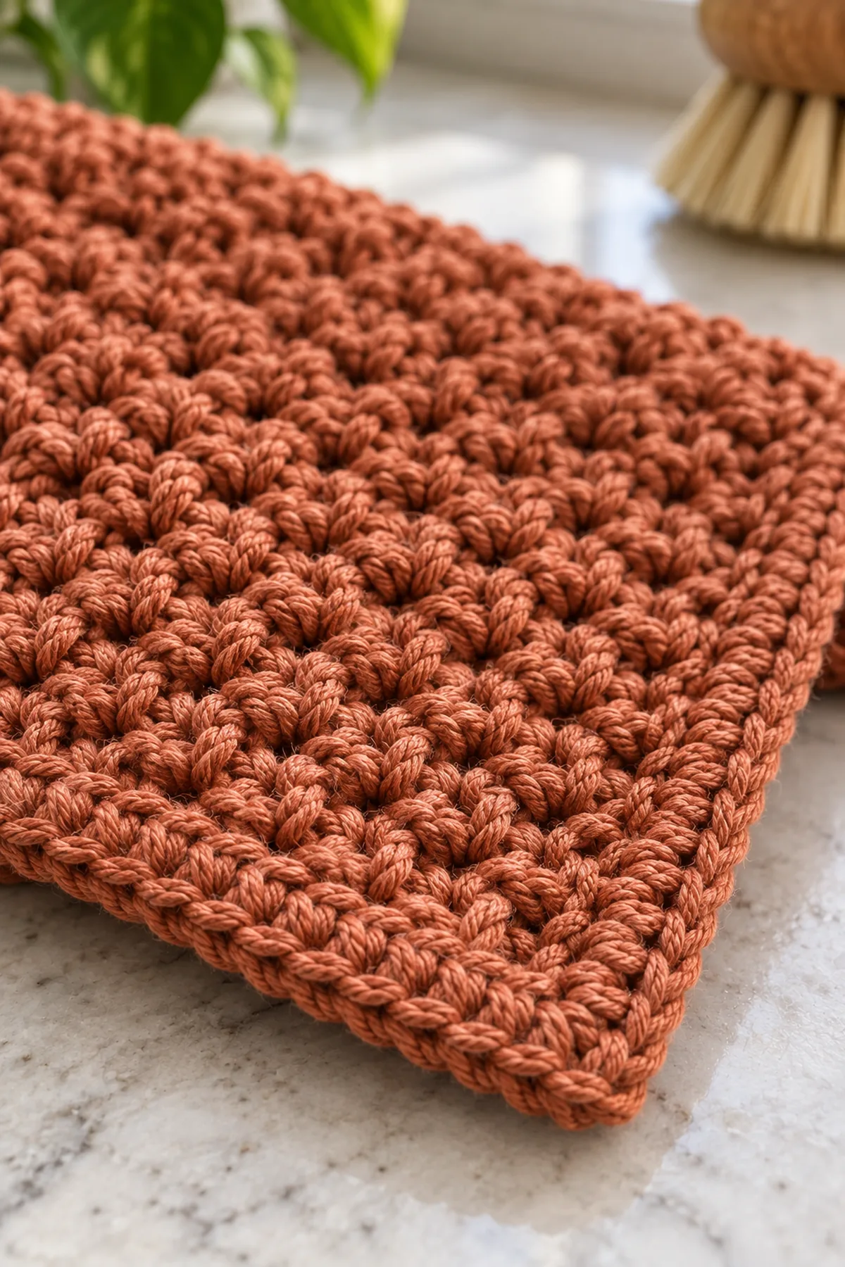 Close-up of the stitch texture and finishing details on crochet textured cotton dishcloth set