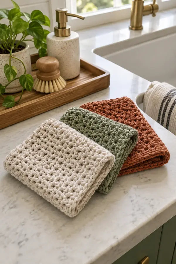Finished crochet textured cotton dishcloth set displayed with a clean handmade finish